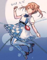 Rule 34 | 1girl, abyssal ship, alice (alice in wonderland), alice (alice in wonderland) (cosplay), alice in wonderland, blue background, blue bow, blue bowtie, bow, bowtie, chain, checkered clothes, checkered skirt, commentary request, cosplay, dated, double bun, enemy lifebuoy (kancolle), full body, gloves, hair bun, highres, kantai collection, light brown hair, michishio (kancolle), official alternate costume, pantyhose, pocket watch, short sleeves, short twintails, skirt, solo, striped clothes, striped pantyhose, twintails, two-tone dress, watch, white gloves, wss (nicoseiga19993411)