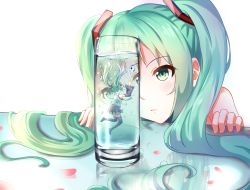 Rule 34 | 1girl, bare shoulders, boots, breeze (wcf), detached sleeves, glass, green eyes, green hair, hatsune miku, highres, long hair, mini person, minigirl, skirt, submerged, thigh boots, thighhighs, twintails, vocaloid, water, white background, zettai ryouiki
