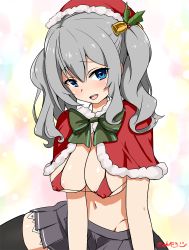 Rule 34 | 10s, 1girl, bell, bikini, black thighhighs, blue eyes, blush, bow, breasts, capelet, christmas, cleavage, covered erect nipples, female focus, groin, hair ornament, hat, kantai collection, kashima (kancolle), kyanpero, large breasts, long hair, looking at viewer, navel, open mouth, santa hat, silver hair, skirt, smile, solo, swimsuit, thighhighs, twintails, wavy hair