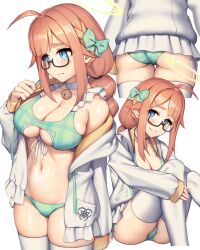 Rule 34 | 1girl, ahoge, alternate costume, ass, bare shoulders, bikini, black-framed eyewear, blue archive, blue eyes, blush, bow, braid, breasts, cleavage, cleavage cutout, closed mouth, clothing cutout, commentary, front-tie bikini top, front-tie top, glasses, green bikini, hair bow, highres, large breasts, long sleeves, looking at viewer, multiple views, navel, off shoulder, open clothes, orange hair, rotix, semi-rimless eyewear, shimiko (blue archive), simple background, sitting, sleeves past wrists, smile, swimsuit, thighhighs, thighs, under-rim eyewear, white background