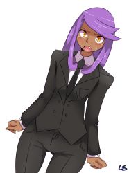 Rule 34 | 1boy, androgynous, animal ears, annoyed, bad id, bad pixiv id, cat boy, cat ears, cat tail, dark skin, dark-skinned male, formal, highres, hip focus, lightsource, male focus, mole, mole under eye, murasaki (lightsource), original, purple hair, solo, suit, tail, trap, white background, wide hips, wig, yellow eyes