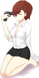 Rule 34 | 1girl, ;p, atlus, bad id, bad pixiv id, barefoot, blouse, blush, breasts, brown hair, buttons, cleavage, feet, gun, gun to head, hair ornament, hairclip, handgun, highres, holding, holding gun, holding weapon, lang (chikage36), large breasts, looking at viewer, one eye closed, persona, persona 3, persona 3 portable, pistol, red eyes, seiza, shiomi kotone, shirt, short hair, simple background, sitting, skirt, sleeves past wrists, smile, solo, thighs, toes, tongue, tongue out, weapon, wink
