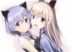Rule 34 | 2girls, animal ears, cat ears, eila ilmatar juutilainen, green eyes, multiple girls, nannacy7, open mouth, purple eyes, sanya v. litvyak, silver hair, simple background, smile, strike witches, world witches series