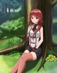 Rule 34 | 10s, 1girl, against tree, asymmetric gloves, asymmetrical gloves, between legs, black gloves, black shorts, blush, braid, breasts, bush, closed mouth, fingerless gloves, gloves, grass, hai to gensou no grimgar, hair over shoulder, hand between legs, long hair, long legs, looking at viewer, northman, on ground, outdoors, plant, red eyes, red hair, red thighhighs, shadow, shorts, single braid, sitting, sleeveless, smile, solo, swept bangs, thighhighs, tree, turtleneck, under tree, uneven gloves, yume (grimgar)