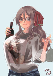 Rule 34 | 1girl, absurdres, alternate costume, alternate hairstyle, blue background, bottle, brown eyes, cup, denim, drinking glass, grey hair, highres, jeans, kantai collection, meta, mizunototori, pants, pola (kancolle), red ribbon, ribbon, shirt, simple background, solo, t-shirt, thick eyebrows, wavy hair, wine bottle, wine glass