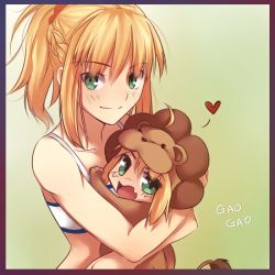 Rule 34 | 2girls, ahoge, animal costume, artoria pendragon (all), artoria pendragon (fate), blonde hair, blush, border, braid, chibi, colorized, fang, fate/apocrypha, fate/stay night, fate/tiger colosseum, fate (series), french braid, gao, green eyes, heart, hug, lion costume, long hair, mordred (fate), mordred (fate/apocrypha), mordred (memories at trifas) (fate), multiple girls, ponytail, saber lion, scrunchie, spoken heart, sports bra, strapless, tube top, tusia