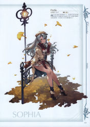 Rule 34 | 1girl, absurdres, ankle boots, autumn, autumn leaves, bag, belt, beret, black legwear, blue hair, boots, breasts, brown eyes, character name, coat, dress, floral print, full body, granblue fantasy, hat, highres, holding, lamppost, long hair, long sleeves, looking at viewer, medium breasts, minaba hideo, official art, open clothes, open coat, parted bangs, railing, scan, short dress, simple background, smile, solo, sophia (granblue fantasy)