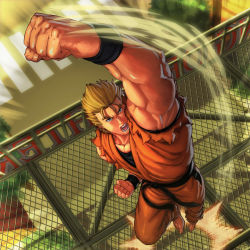 Rule 34 | 1boy, barefoot, blonde hair, blue eyes, brolo, clenched hands, dougi, highres, male focus, muscular, ryou sakazaki, ryuuko no ken, solo, the king of fighters, uppercut