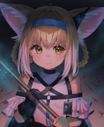 Rule 34 | 1girl, animal ear fluff, animal ears, arknights, bare shoulders, black gloves, blonde hair, blue hairband, braid, braided hair rings, brown eyes, closed mouth, commentary request, fox ears, gloves, hair between eyes, hair rings, hairband, hands up, highres, holding, looking at viewer, multicolored hair, no.054 (adar5857), shirt, solo, suzuran (arknights), twin braids, two-tone hair, white hair, white shirt