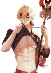 Rule 34 | 1boy, abs, armor, blonde hair, brown shirt, clothes lift, fake horns, genshin impact, green eyes, hair between eyes, hair ornament, headband, highres, holding, holding polearm, holding weapon, horned headwear, horns, male focus, muscular, muscular male, navel, nipples, pants, polearm, red pants, shei99, shirt, shirt lift, short hair, smile, solo, stomach, thoma (genshin impact), weapon, wet, white background