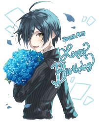 Rule 34 | 1boy, :d, ahoge, blue flower, blush, bouquet, brown eyes, cropped torso, danganronpa (series), danganronpa v3: killing harmony, dated, flower, hair over one eye, happy birthday, highres, holding, holding bouquet, jacket, long sleeves, looking at viewer, male focus, open mouth, saihara shuichi, short hair, smile, solo, striped clothes, striped jacket, taru (429 ne5), white background
