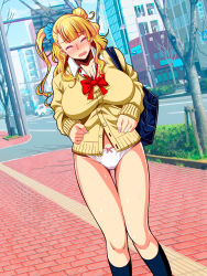 Rule 34 | 1girl, asymmetrical hair, bag, blazer, blonde hair, blunt bangs, blush, bow, bowtie, breasts, closed eyes, collared shirt, colored eyelashes, earrings, embarrassed, exhibitionism, eyebrows, full-face blush, galko, groin, hair bun, hair ornament, highres, huge breasts, itachou, jacket, jewelry, legs, long hair, long sleeves, makeup, nail polish, no pants, one side up, open mouth, oshiete! galko-chan, outdoors, over shoulder, panties, pink nails, public indecency, raised eyebrows, red bow, red bowtie, road, school bag, school uniform, shirt, side bun, side ponytail, single hair bun, skirt, socks, solo, standing, street, sweatdrop, tears, thighs, unbuttoned, underwear, wavy hair, white panties