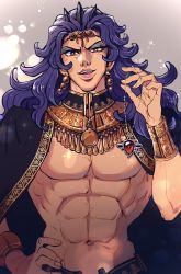 Rule 34 | 1boy, bad id, bad pixiv id, battle tendency, bracer, cape, chocoblood, earrings, eyeshadow, hand on own hip, highres, holding, holding jewelry, holding necklace, horns, jewelry, jojo no kimyou na bouken, kars (jojo), long hair, makeup, male focus, manly, muscular, muscular male, neck ring, necklace, purple hair, red eyes, red stone of aja, solo