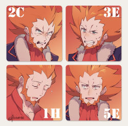 Rule 34 | 1boy, blush, clenched teeth, closed eyes, collarbone, commentary request, creatures (company), drooling, expression chart, facial hair, fur-trimmed jacket, fur trim, game freak, jacket, kusuribe, lysandre (pokemon), male focus, mouth drool, nintendo, nose blush, open mouth, orange hair, pokemon, pokemon xy, red shirt, shirt, sideways glance, signature, spiked hair, sweat, tearing up, teeth, tongue, tongue out