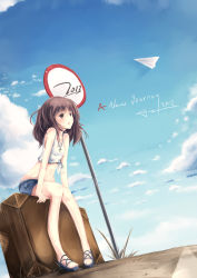 Rule 34 | 10s, 1girl, 2012, bare shoulders, black eyes, brown hair, cloud, cross, cross necklace, day, highres, jewelry, long hair, midriff, necklace, original, oyeung, paper, paper airplane, sandals, short shorts, shorts, sign, sitting, sky, solo, suitcase, tank top