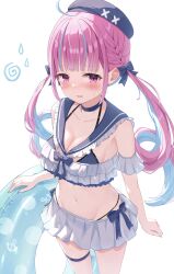 Rule 34 | 1girl, absurdres, ahoge, bare shoulders, blue bow, blue hair, blunt bangs, blush, bow, braid, breasts, choker, cleavage, collarbone, colored inner hair, french braid, highres, hololive, large breasts, long hair, looking at viewer, mei am0, minato aqua, multicolored hair, navel, open mouth, purple eyes, purple hair, solo, streaked hair, swimsuit, thigh strap, twintails, two-tone hair, virtual youtuber