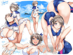 Rule 34 | 1girl, absurdres, ass, bent over, bikini, bikini under clothes, blue eyes, blue one-piece swimsuit, blush, breasts, butt crack, cleavage, competition school swimsuit, competition swimsuit, foreshortening, from behind, halterneck, hand on own head, hat, highres, kamishiro ryuu, kneepits, large breasts, light brown hair, looking at viewer, looking back, love live!, love live! school idol festival, love live! school idol project, love live! sunshine!!, multiple views, navel, one-piece swimsuit, parted bangs, salute, school swimsuit, school uniform, serafuku, shiny skin, short hair, side-tie bikini bottom, skirt, standing, string bikini, swept bangs, swimsuit, thighs, watanabe you, water, white bikini