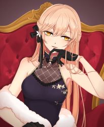 Rule 34 | 1girl, armpits, black gloves, blonde hair, bow, breasts, china dress, chinese clothes, cyril m45, dress, fur, girls&#039; frontline, gloves, hair bow, hair ornament, hand on own head, highres, long hair, looking at viewer, official alternate costume, orange eyes, ots-14 (girls&#039; frontline), ots-14 (sangria succulent) (girls&#039; frontline), simple background, sitting, sitting on chest, smile, solo