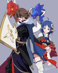 Rule 34 | 1boy, 1girl, absurdres, ahoge, ashton anchors, blue eyes, blue hair, brown hair, cape, closed mouth, dragon, gloves, green eyes, headband, highres, holding, holding sword, holding weapon, looking at viewer, open mouth, pointy ears, red cape, rena lanford, shiohi, short hair, simple background, skirt, star ocean, star ocean the second story, sword, thighhighs, weapon