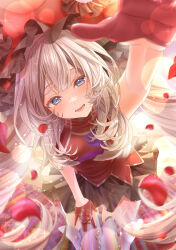 Rule 34 | 1girl, absurdres, black skirt, blue eyes, covered navel, drill hair, falling petals, fate/grand order, fate (series), flower, frilled hat, frills, gloves, grey hair, hat, highres, large hat, long hair, marie antoinette (fate), petals, reaching, reaching towards viewer, red flower, red gloves, red hat, red petals, red rose, red shirt, rose, shirt, signature, skirt, sleeveless, sleeveless shirt, solo, thighhighs, totomiya, twin drills, white thighhighs, zettai ryouiki