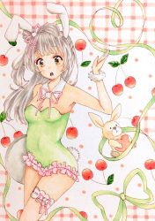Rule 34 | 10s, 1girl, animal ears, blunt bangs, bow, breasts, cherry, cleavage, commentary request, detached collar, fake animal ears, food, frills, fruit, grey hair, hair bow, heart, highres, holding, holding tray, leotard, long hair, love live!, love live! school idol project, minami kotori, natsuko (miel 803), neck ribbon, one side up, open mouth, playboy bunny, rabbit ears, rabbit tail, ribbon, solo, stuffed animal, stuffed rabbit, stuffed toy, tail, thigh strap, tray, wristband, yellow eyes