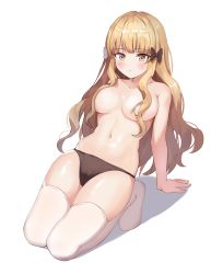 Rule 34 | 1girl, amanoyui, arm support, bad id, bad pixiv id, black bow, black panties, blonde hair, blunt bangs, blush, bow, breasts, breasts apart, brown eyes, cameltoe, censored, censored nipples, closed mouth, collarbone, convenient censoring, full body, hair bow, hair censor, hair over breasts, highres, leaning back, long hair, looking away, looking down, medium breasts, navel, no shoes, panties, princess connect!, revision, saren (princess connect!), saren (real) (princess connect!), sidelocks, simple background, solo, thighhighs, topless, underwear, underwear only, wavy hair, white background, white thighhighs