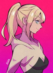 Rule 34 | 1girl, alternate hairstyle, animification, blonde hair, blue eyes, bodysuit, breasts, closed mouth, commentary, earrings, gwen stacy, highres, hood, hood down, hooded bodysuit, jewelry, looking at viewer, marvel, medium breasts, pink background, skin tight, smile, solo, spider-gwen, spider-man (series), spider web print, superhero costume, sushi pizza rrr