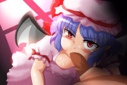 Rule 34 | 1boy, 1girl, annoyed, black wings, blue hair, breasts, breasts out, censored, cheek bulge, dress, fellatio, hat, highres, irrumatio, looking at viewer, mob cap, mosaic censoring, nipples, open clothes, oral, red eyes, remilia scarlet, senken kiyohiko, small breasts, sweat, tears, touhou, wings