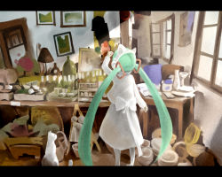 Rule 34 | 1girl, animal ears, cat, cat ears, from behind, green hair, hatsune miku, headphones, letterboxed, long hair, pantyhose, skirt, solo, twintails, very long hair, vocaloid, window, yuushoku