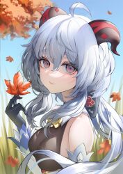 Rule 34 | 1girl, ahoge, autumn, autumn leaves, bare shoulders, bell, black bodysuit, black bow, black gloves, black horns, blue hair, blue sky, bodystocking, bodysuit, bow, breasts, cleavage, closed mouth, commentary, cowbell, day, detached sleeves, english commentary, erbium, eyelashes, floating hair, ganyu (genshin impact), genshin impact, gloves, goat horns, grass, hair between eyes, highres, holding, holding leaf, horns, leaf, light smile, long hair, long sleeves, looking at viewer, low ponytail, medium breasts, multicolored horns, neck bell, outdoors, purple eyes, qilin (mythology), red horns, sidelocks, sky, solo, upper body, white sleeves