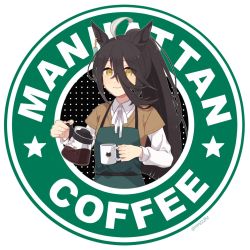 Rule 34 | 1girl, ahoge, apron, black hair, brown sweater, closed mouth, coffee, coffee pot, collared shirt, cup, disposable cup, earrings, english text, hair between eyes, highres, holding, holding cup, jewelry, long hair, long sleeves, looking at viewer, manhattan cafe (umamusume), multicolored hair, nm222hz, ponytail, shirt, single earring, smile, solo, streaked hair, sweater, twitter username, umamusume, white shirt, yellow eyes