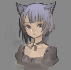 Rule 34 | 1girl, ama-tou, animal ears, bolo tie, cat ears, cat girl, collarbone, eyelashes, green eyes, grey background, grey hair, looking to the side, original, personification, portrait, puffy short sleeves, puffy sleeves, sad, shiny clothes, short hair, short sleeves, sketch, slit pupils, solo, swept bangs, tsurime