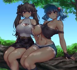 Rule 34 | 2girls, alternate costume, bare legs, blue eyes, blue sky, breasts, brown hair, checkered clothes, checkered skirt, cleavage, cleavage cutout, clothes lift, clothing cutout, day, grabbing own breast, hair bobbles, hair ornament, hat, hater (hatater), highres, himekaidou hatate, in tree, kawashiro nitori, kneehighs, lactation, large breasts, long hair, miniskirt, multiple girls, navel, nipples, no bra, off shoulder, outdoors, pointy ears, purple skirt, shirt lift, short shorts, shorts, sitting, skirt, sky, socks, thighs, touhou, tree, twintails, two side up