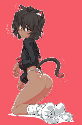 Rule 34 | 1girl, absurdres, animal ears, ass, black hair, brown eyes, cat ears, cat girl, cat tail, dark-skinned female, dark skin, expressionless, female focus, from behind, fundoshi, highres, japanese clothes, kagari rukako, kneeling, looking at viewer, looking back, original, oteruko (wanabeee), outline, paw pose, red background, shiny skin, simple background, socks, solo, tail, wedgie, white outline