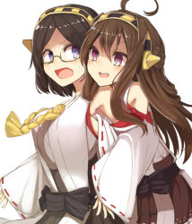 Rule 34 | 10s, 2girls, ahoge, bad id, bad pixiv id, bare shoulders, black hair, blue eyes, blush, braid, breasts, brown hair, detached sleeves, fumatake, glasses, grabbing, grabbing another&#039;s breast, grabbing from behind, groping, hair ornament, hairband, hand under clothes, headgear, japanese clothes, kantai collection, kirishima (kancolle), kongou (kancolle), large breasts, long hair, looking at another, looking back, multiple girls, open mouth, personification, purple eyes, semi-rimless eyewear, short hair, simple background, smile, sweatdrop, under-rim eyewear, white background, wide sleeves, yuri