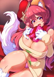 Rule 34 | 1girl, absurdres, animal ears, animal hands, bare legs, bare shoulders, blush, breasts, candy, cat ears, cat girl, chocolate, chocolate heart, cleavage, fang, food, heart, highres, large breasts, long hair, looking at viewer, open mouth, panties, paw print, perisie (star ocean), pink hair, pink panties, ponytail, red eyes, ryoi, sitting, smile, solo, star ocean, star ocean first departure, sweater, tail, thick thighs, thighhighs, thighs, underwear, valentine, very long hair, wide hips