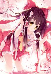 Rule 34 | 1girl, absurdres, adjusting hair, arm up, bare shoulders, bow, brown hair, bubble, cherry blossoms, collarbone, hair bow, hakurei reimu, highres, japanese clothes, long hair, long sleeves, looking at viewer, mochizuki shiina, nontraditional miko, petals, red bow, red ribbon, ribbon, scan, see-through, simple background, solo, touhou, wading, water, water drop, wet, yellow bow, yellow eyes