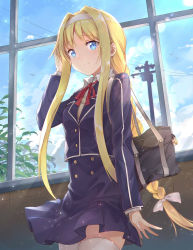 Rule 34 | 1girl, alice zuberg, arm up, bag, bird, black jacket, black skirt, blonde hair, blue eyes, blue sky, braid, buttons, closed mouth, cloud, commentary request, cropped jacket, day, double-breasted, dutch angle, from below, hair intakes, hair ribbon, hairband, high-waist skirt, highres, indoors, jacket, lens flare, long hair, long sleeves, looking at viewer, neck ribbon, plant, power lines, red ribbon, ribbon, school uniform, shirt, shoulder bag, sidelocks, single braid, skirt, sky, smile, solo, standing, sweater, sword art online, taro (ultrataro), thighhighs, utility pole, very long hair, white hairband, white ribbon, white shirt, white thighhighs, window, wing collar, yellow sweater