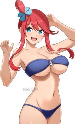 1girl :d bikini blue_eyes breasts commentary_request creatures_(company) game_freak highres large_breasts navel nintendo o-ring o-ring_bikini o-ring_top open_mouth pokemon pokemon_bw red_hair short_hair_with_long_locks simple_background skyla_(pokemon) smile solo surippa1010 swimsuit teeth twintails upper_teeth_only white_background