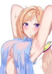 Rule 34 | 1girl, aki rosenthal, armpits, arms behind head, arms up, blonde hair, blush, bob cut, breasts, commentary request, detached hair, front slit, futoshi tanaka, highres, hololive, looking at viewer, low twintails, parted bangs, presenting armpit, purple eyes, simple background, sleeveless, smile, solo, stomach, sweat, twintails, underboob, upper body, virtual youtuber, white background