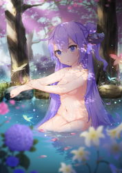 Rule 34 | 1girl, absurdres, ahoge, arm across chest, azur lane, bathing, breasts, bug, butterfly, chinese commentary, collarbone, commentary request, convenient censoring, flower, forest, hair between eyes, hair bun, hair ribbon, highres, in water, insect, long hair, nature, nude, open mouth, outdoors, petals, purple eyes, purple hair, ribbon, single hair bun, sitting, small breasts, snow (676528662), solo, tree, unicorn (azur lane), very long hair