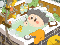 Rule 34 | :o, apple, bar soap, bath, bath brush, bath stool, bathing, bathtub, blue eyes, blush, blush stickers, bottle, bubble, blowing bubbles, bubble kirby, bubble wand, closed mouth, commentary request, copy ability, cup, faucet, flower pot, food, frog, fruit, harukui, highres, in water, indoors, kirby, kirby (series), nintendo, no humans, partially submerged, plant, potted plant, rubber duck, shampoo bottle, shelf, shower head, soap bubbles, solo, star (symbol), stool, toothbrush, toothpaste, towel, water