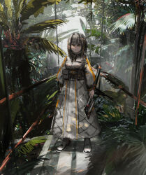 Rule 34 | 1girl, axe, closed mouth, expressionless, full body, grey hair, haruaki (onkai planaria), holding, holding axe, leaf, looking at viewer, multicolored hair, orange eyes, orange hair, orange robe, original, plant, robe, short hair, solo, standing, streaked hair, two-tone hair, two-tone robe, white footwear, white robe