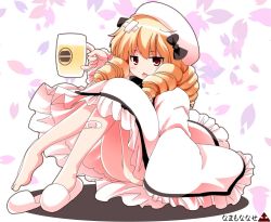 Rule 34 | 1girl, :&lt;, alcohol, bandaid, bare legs, barefoot, beer, beer mug, blonde hair, blush, chestnut mouth, cup, drill hair, feet, female focus, full body, hat, luna child, mug, namamo nanase, no panties, open mouth, red eyes, ribbon, sitting, slippers, solo, touhou