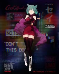 Rule 34 | 1girl, animal ears, black gloves, blush, boots, bow, cat ears, character name, choker, cross-laced footwear, dress, elbow gloves, full body, gem, girls&#039; frontline, gloves, green eyes, green hair, high heels, highres, holding, holding smoking pipe, knee boots, lace-up boots, long hair, looking at viewer, official alternate costume, official art, red eyes, sei asagiri, short hair, sleeveless, sleeveless dress, smoking pipe, solo, solo focus, thigh gap, thighhighs, thighhighs under boots, turtleneck, va-11 hall-a, yellow bow