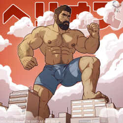 Rule 34 | 1boy, abs, arm hair, artist logo, artist name, bara, barefoot, beard, blue male underwear, brown hair, building, bulge, chest hair, cloud, collarbone, commentary, english commentary, english text, facial hair, foot out of frame, giant, large pectorals, leg hair, leomon32, male focus, male pubic hair, male underwear, muscular, muscular male, orange background, orange eyes, original, outline, pectorals, pubic hair, short hair, solo, translated, underwear, underwear only, white outline