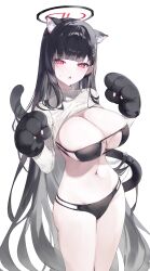 Rule 34 | 1girl, :o, absurdres, alternate costume, animal ear fluff, animal ears, animal hands, bikini, black bikini, black hair, blue archive, blush, breasts, cat ears, cat tail, cleavage, cropped sweater, gloves, groin, halo, highres, huge breasts, kemonomimi mode, long hair, long sleeves, looking at viewer, meunhongcha, navel, no pants, paw gloves, red eyes, ribbed sweater, rio (blue archive), simple background, solo, stomach, string bikini, sweatdrop, sweater, swimsuit, tail, very long hair, white background, white sweater
