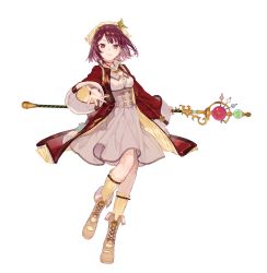 Rule 34 | 1girl, absurdres, atelier (series), atelier firis, atelier sophie, boots, coat, corset, cross-laced footwear, dress, female focus, full body, headdress, highres, holding, holding staff, jewelry, lace-up boots, long sleeves, necklace, noco (adamas), official art, outstretched arm, outstretched hand, red eyes, red hair, short hair, solo, sophie neuenmuller, staff, yuugen