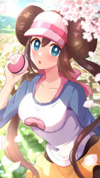 Rule 34 | 1girl, :o, absurdres, blue eyes, blurry, blush, breasts, cherry blossoms, collarbone, creatures (company), depth of field, double bun, falling petals, game freak, hair bun, hand up, haru (haruxxe), highres, holding, holding poke ball, long hair, looking at viewer, medium breasts, nintendo, open mouth, petals, poke ball, poke ball (basic), poke ball print, pokemon, pokemon bw2, raglan sleeves, rosa (pokemon), shorts, solo, twintails, visor cap, yellow shorts