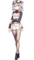 Rule 34 | 1girl, belt pouch, black footwear, boots, breast pocket, fujima takuya, full body, goggles, goggles on head, grey pantyhose, hair over one eye, hair ribbon, highres, jacket, komagome azuzu, long sleeves, looking at viewer, medium hair, miniskirt, official art, one side up, pantyhose, pocket, pouch, red eyes, ribbon, silver hair, skirt, solo, transparent background, warlords of sigrdrifa, white background